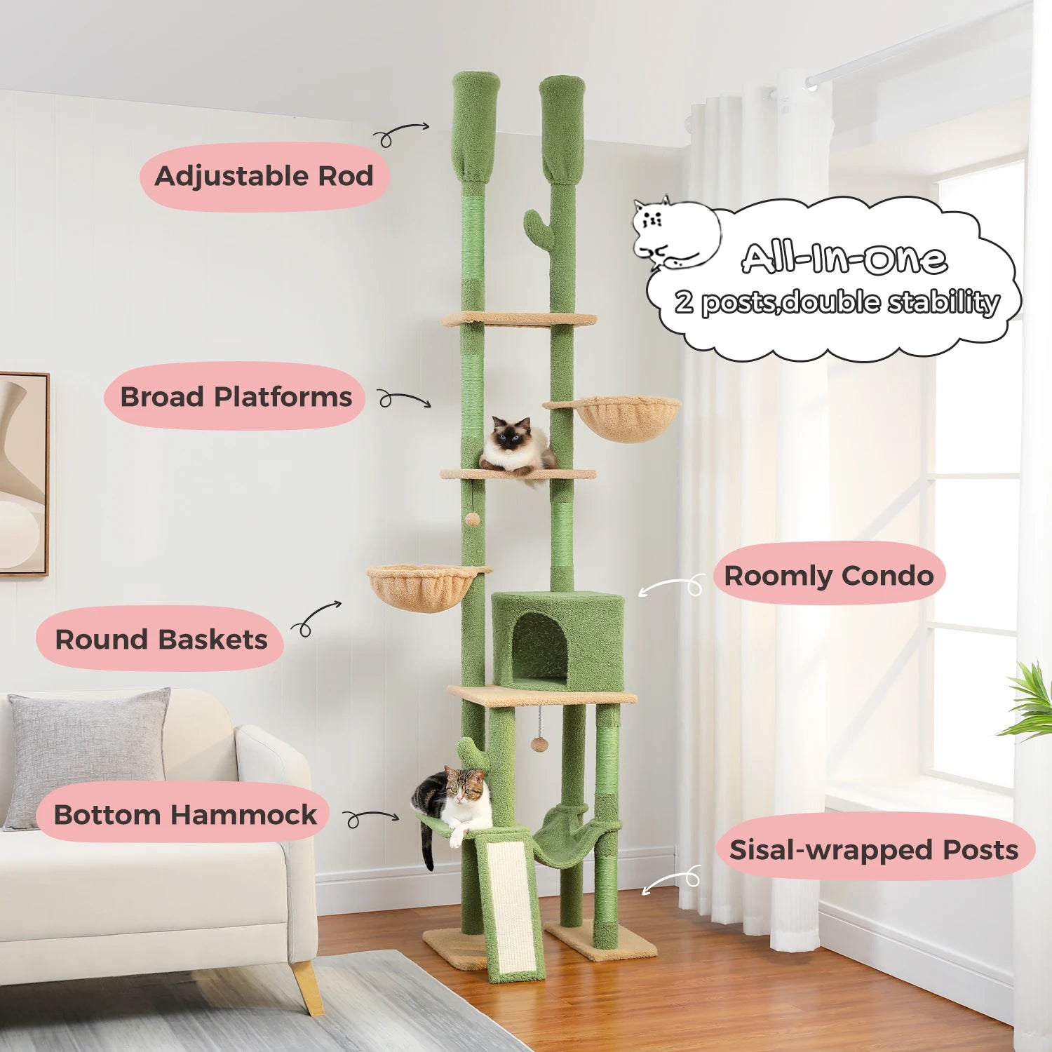 XL Cactus Cat Tree Floor to Ceiling - Adjustable 216-285CM Farm City Pets cat tower tree climbing scratch post large value pet supplies accessories Australia