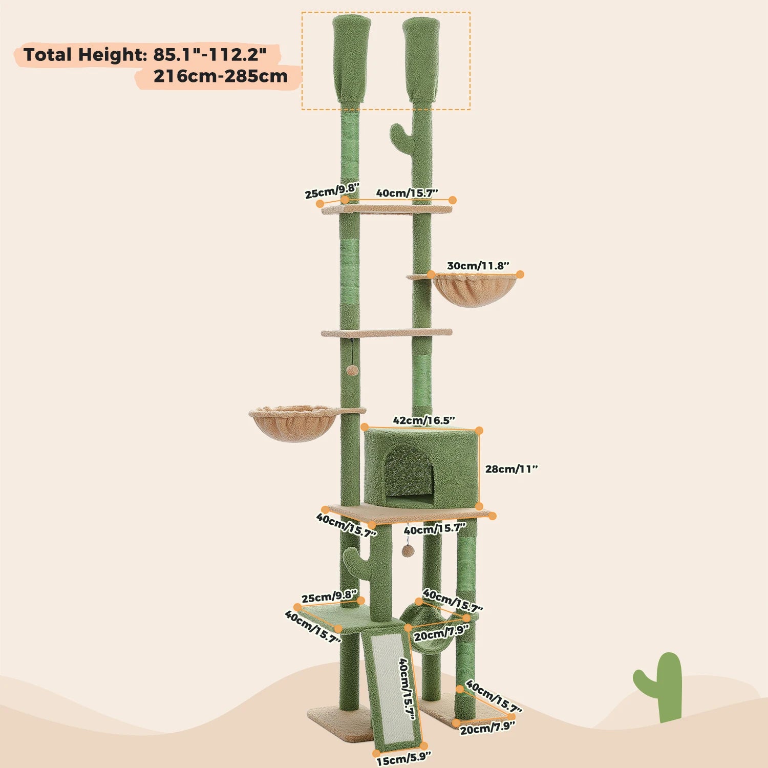 XL Cactus Cat Tree Floor to Ceiling - Adjustable 216-285CM Farm City Pets cat tower tree climbing scratch post large value pet supplies accessories Australia